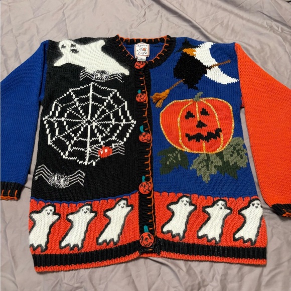 Vinatge Halloween Cardigan Sweater Ghost Pumpkin Witch Spider Web Button Up - Picture 2 of 11